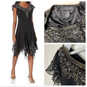 JKARA Beaded Handkerchief Hem Flutter Sleeve Black Chiffon Dress size 12